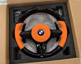 BMW orange leather gloss black LED steering wheel in protective packaging